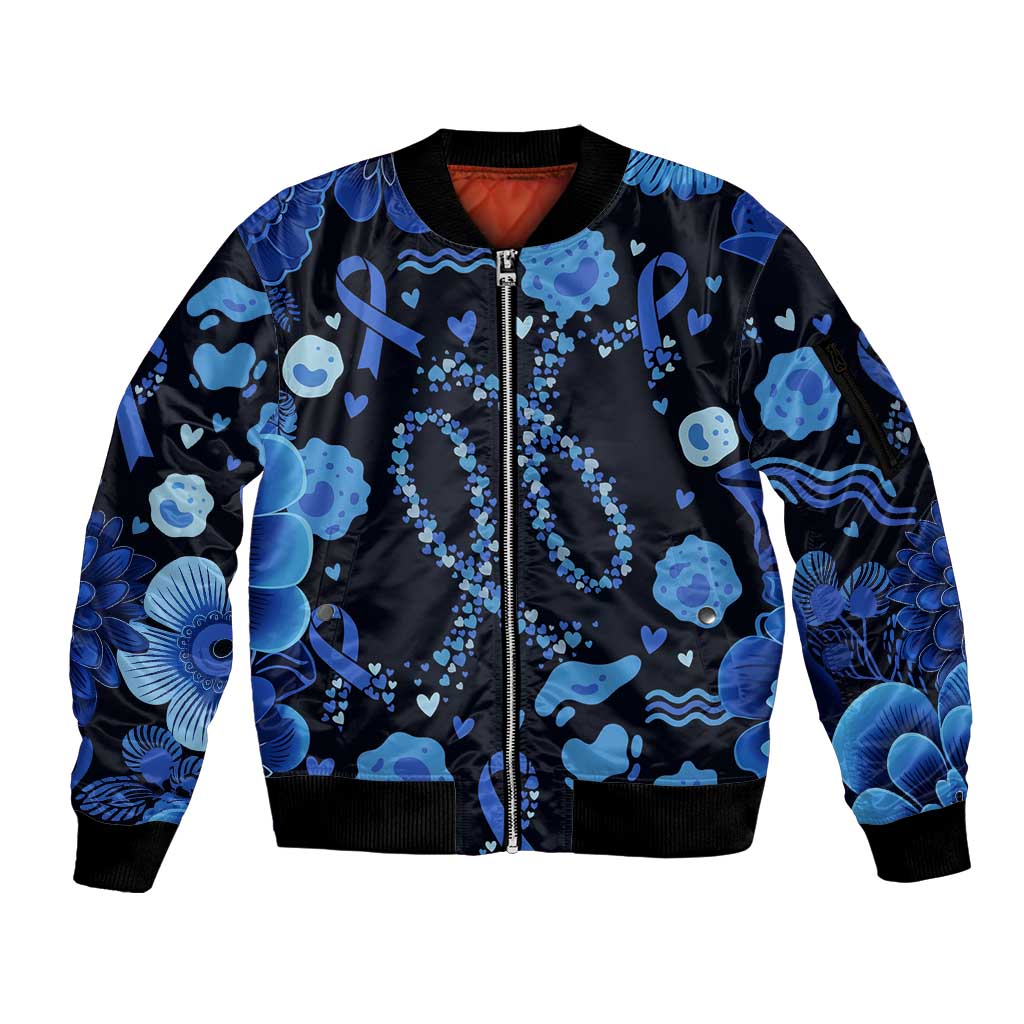 His Fight Is My Fight Colorectal Cancer Awareness Sleeve Zip Bomber Jacket Blue Ribbon Heart Pattern Illustration