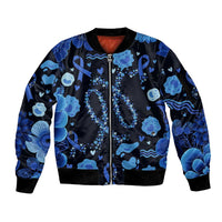 His Fight Is My Fight Colorectal Cancer Awareness Sleeve Zip Bomber Jacket Blue Ribbon Heart Pattern Illustration