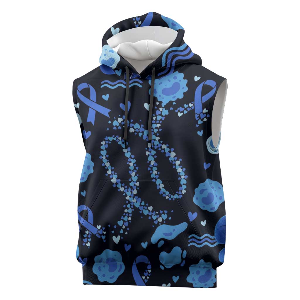 His Fight Is My Fight Colorectal Cancer Awareness Sleeveless Hoodie Blue Ribbon Heart Pattern Illustration