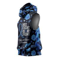 His Fight Is My Fight Colorectal Cancer Awareness Sleeveless Hoodie Blue Ribbon Heart Pattern Illustration