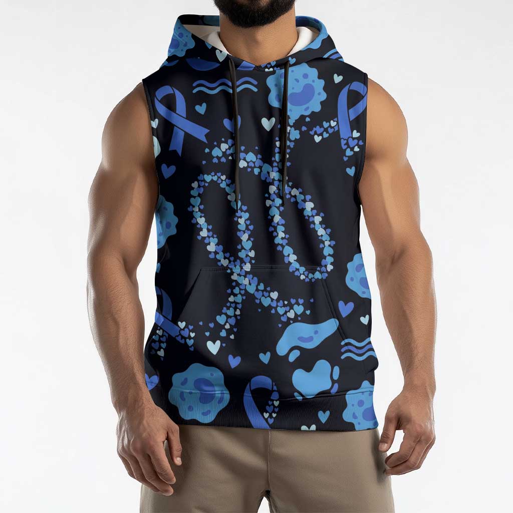 His Fight Is My Fight Colorectal Cancer Awareness Sleeveless Hoodie Blue Ribbon Heart Pattern Illustration