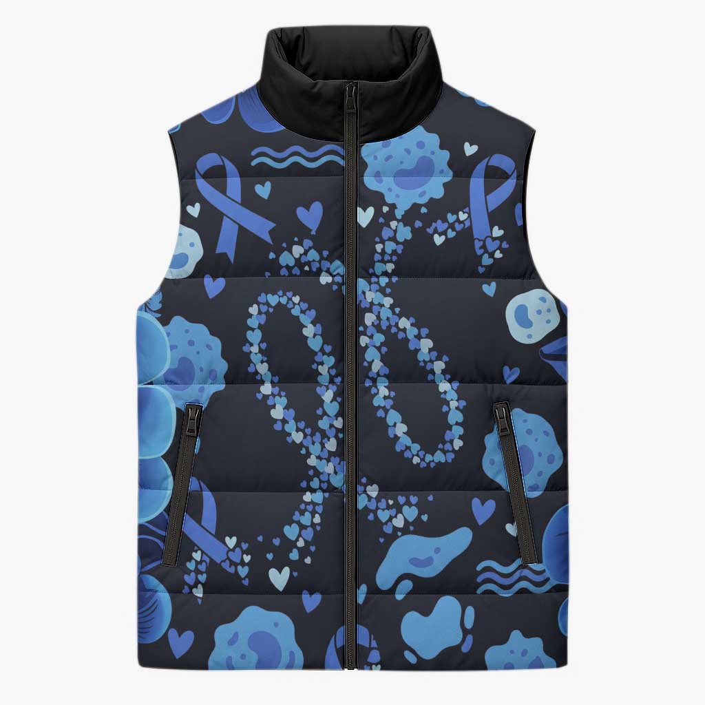His Fight Is My Fight Colorectal Cancer Awareness Sleeveless Puffer Jacket Blue Ribbon Heart Pattern Illustration