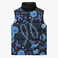 His Fight Is My Fight Colorectal Cancer Awareness Sleeveless Puffer Jacket Blue Ribbon Heart Pattern Illustration