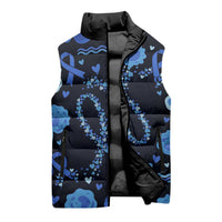 His Fight Is My Fight Colorectal Cancer Awareness Sleeveless Puffer Jacket Blue Ribbon Heart Pattern Illustration