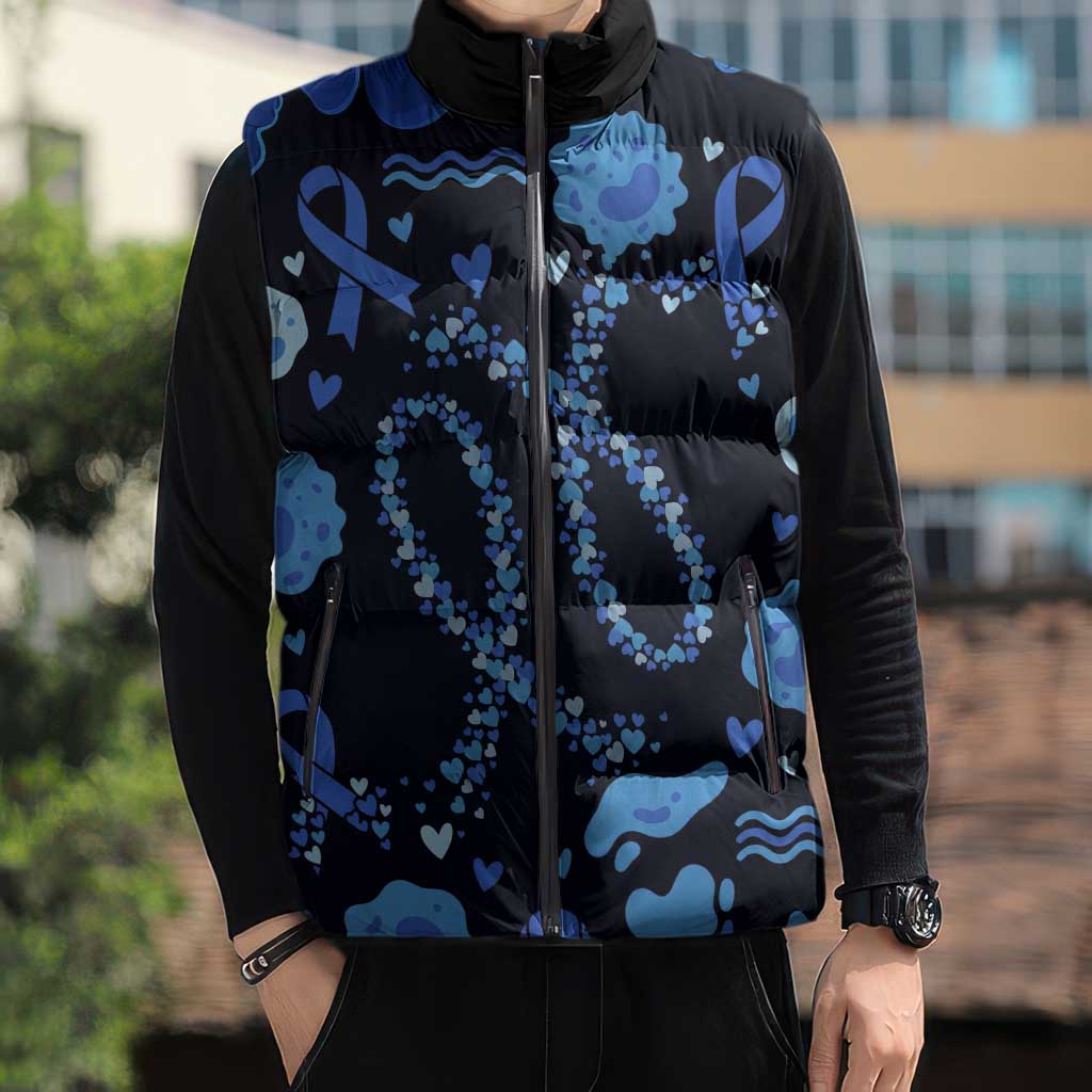 His Fight Is My Fight Colorectal Cancer Awareness Sleeveless Puffer Jacket Blue Ribbon Heart Pattern Illustration