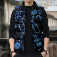 His Fight Is My Fight Colorectal Cancer Awareness Sleeveless Puffer Jacket Blue Ribbon Heart Pattern Illustration