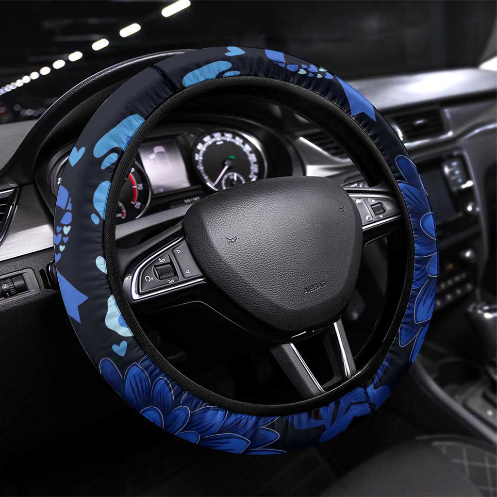 His Fight Is My Fight Colorectal Cancer Awareness Steering Wheel Cover Blue Ribbon Heart Pattern Illustration