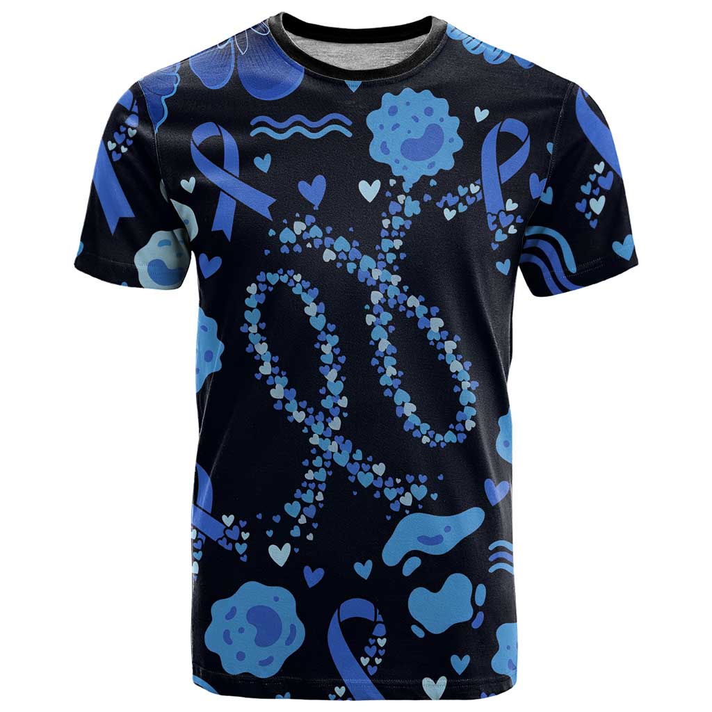 His Fight Is My Fight Colorectal Cancer Awareness T Shirt Blue Ribbon Heart Pattern Illustration
