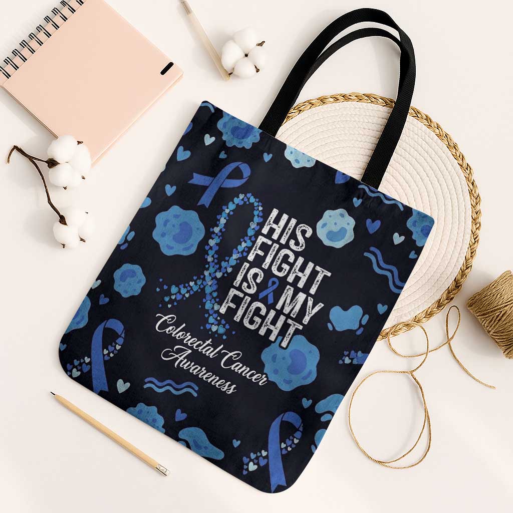 His Fight Is My Fight Colorectal Cancer Awareness Tote Bag Blue Ribbon Heart Pattern Illustration
