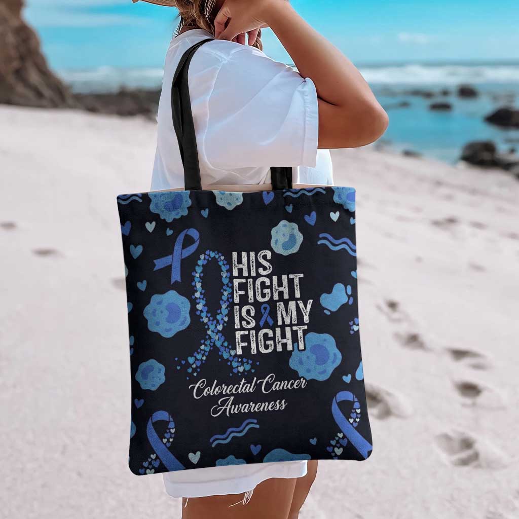His Fight Is My Fight Colorectal Cancer Awareness Tote Bag Blue Ribbon Heart Pattern Illustration