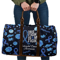 His Fight Is My Fight Colorectal Cancer Awareness Travel Bag Blue Ribbon Heart Pattern Illustration