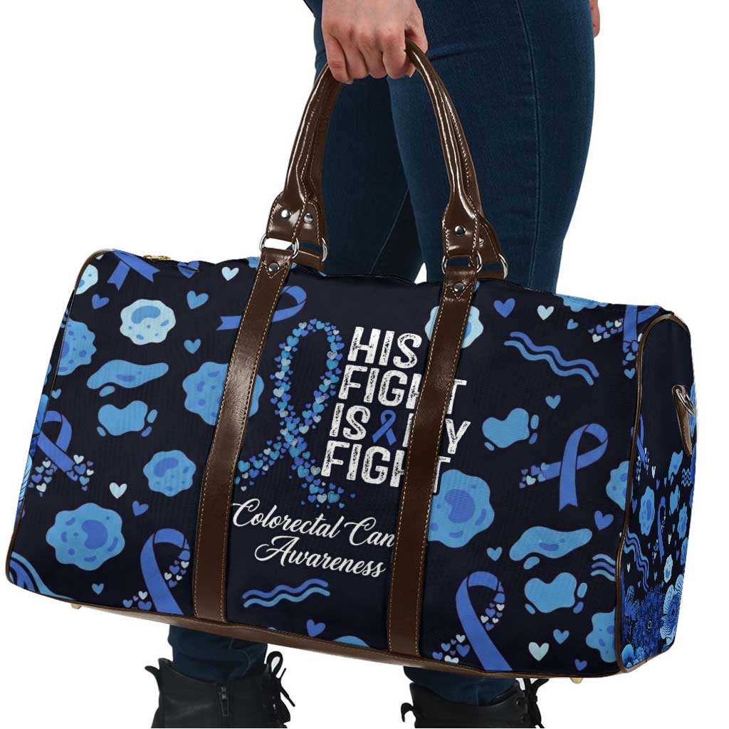His Fight Is My Fight Colorectal Cancer Awareness Travel Bag Blue Ribbon Heart Pattern Illustration