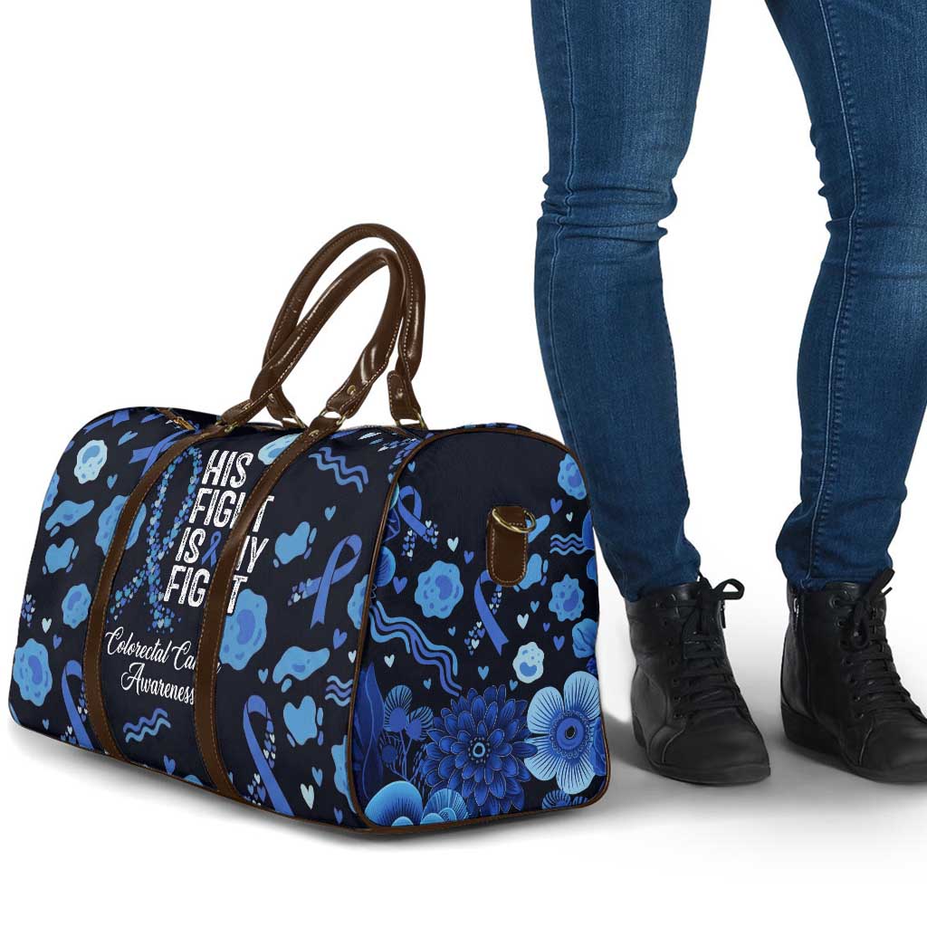 His Fight Is My Fight Colorectal Cancer Awareness Travel Bag Blue Ribbon Heart Pattern Illustration
