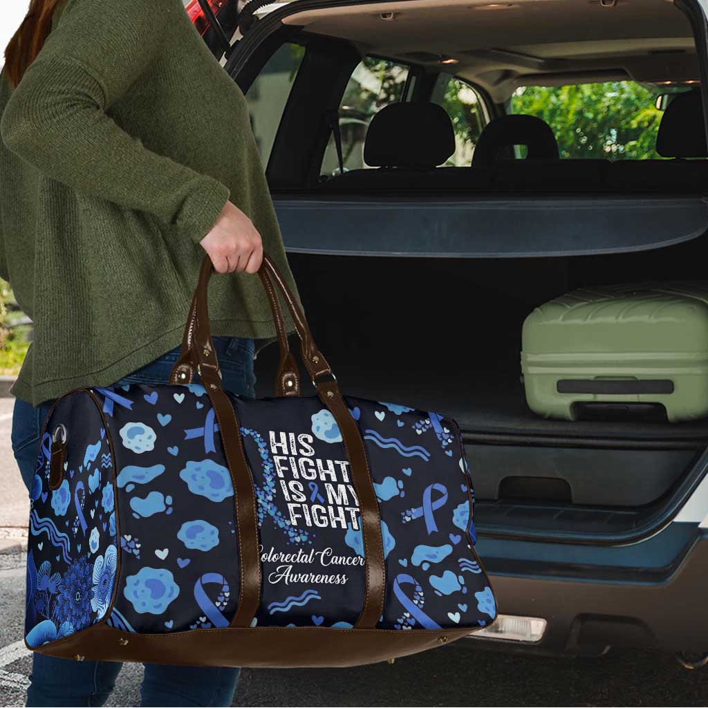 His Fight Is My Fight Colorectal Cancer Awareness Travel Bag Blue Ribbon Heart Pattern Illustration