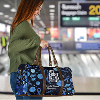 His Fight Is My Fight Colorectal Cancer Awareness Travel Bag Blue Ribbon Heart Pattern Illustration