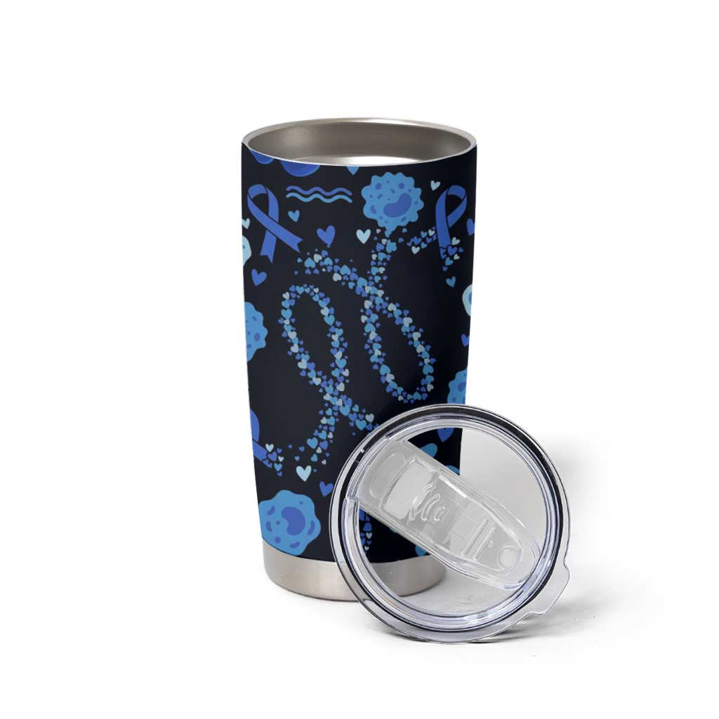 His Fight Is My Fight Colorectal Cancer Awareness Tumbler Cup Blue Ribbon Heart Pattern Illustration