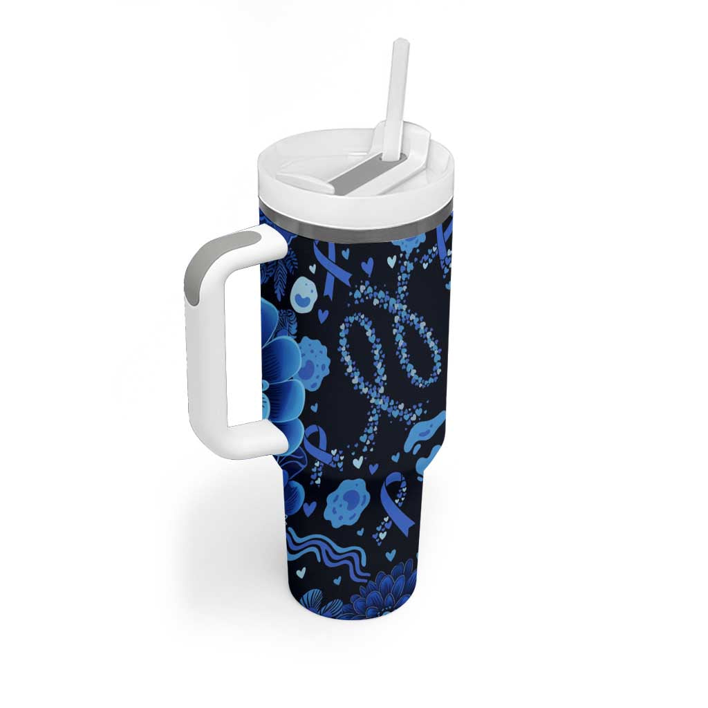 His Fight Is My Fight Colorectal Cancer Awareness Tumbler With Handle Blue Ribbon Heart Pattern Illustration
