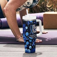 His Fight Is My Fight Colorectal Cancer Awareness Tumbler With Handle Blue Ribbon Heart Pattern Illustration