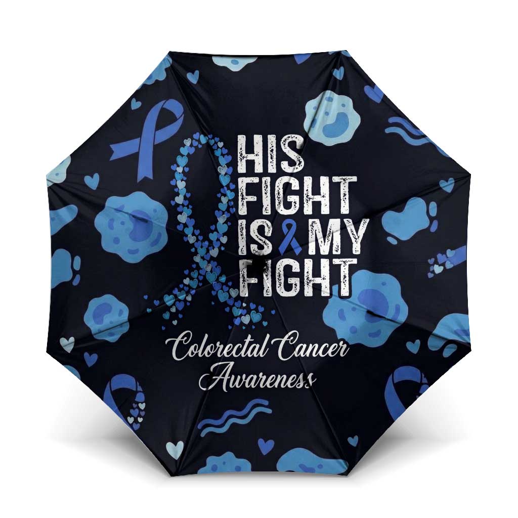 His Fight Is My Fight Colorectal Cancer Awareness Umbrella Blue Ribbon Heart Pattern Illustration