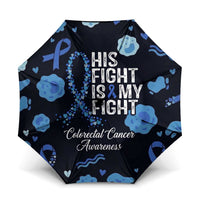 His Fight Is My Fight Colorectal Cancer Awareness Umbrella Blue Ribbon Heart Pattern Illustration