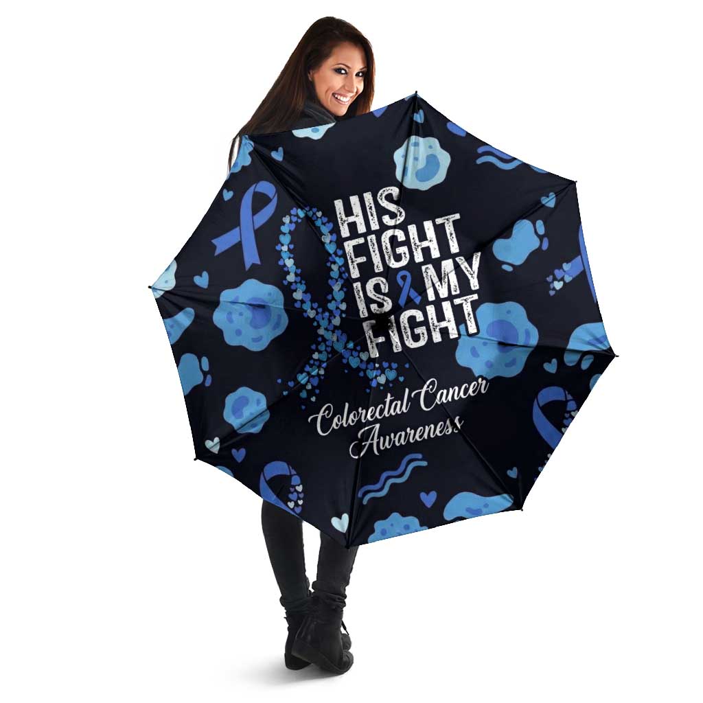 His Fight Is My Fight Colorectal Cancer Awareness Umbrella Blue Ribbon Heart Pattern Illustration