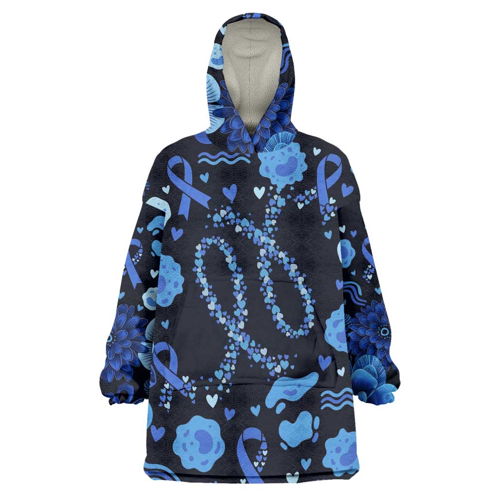 His Fight Is My Fight Colorectal Cancer Awareness Wearable Blanket Hoodie Blue Ribbon Heart Pattern Illustration