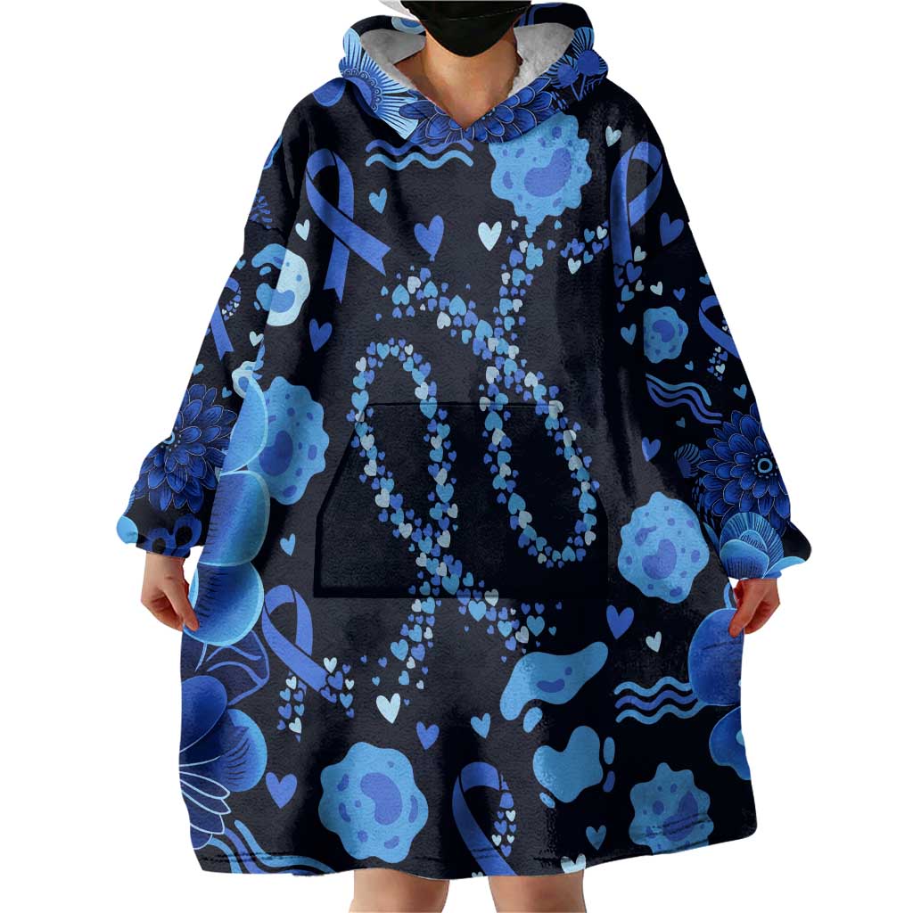 His Fight Is My Fight Colorectal Cancer Awareness Wearable Blanket Hoodie Blue Ribbon Heart Pattern Illustration