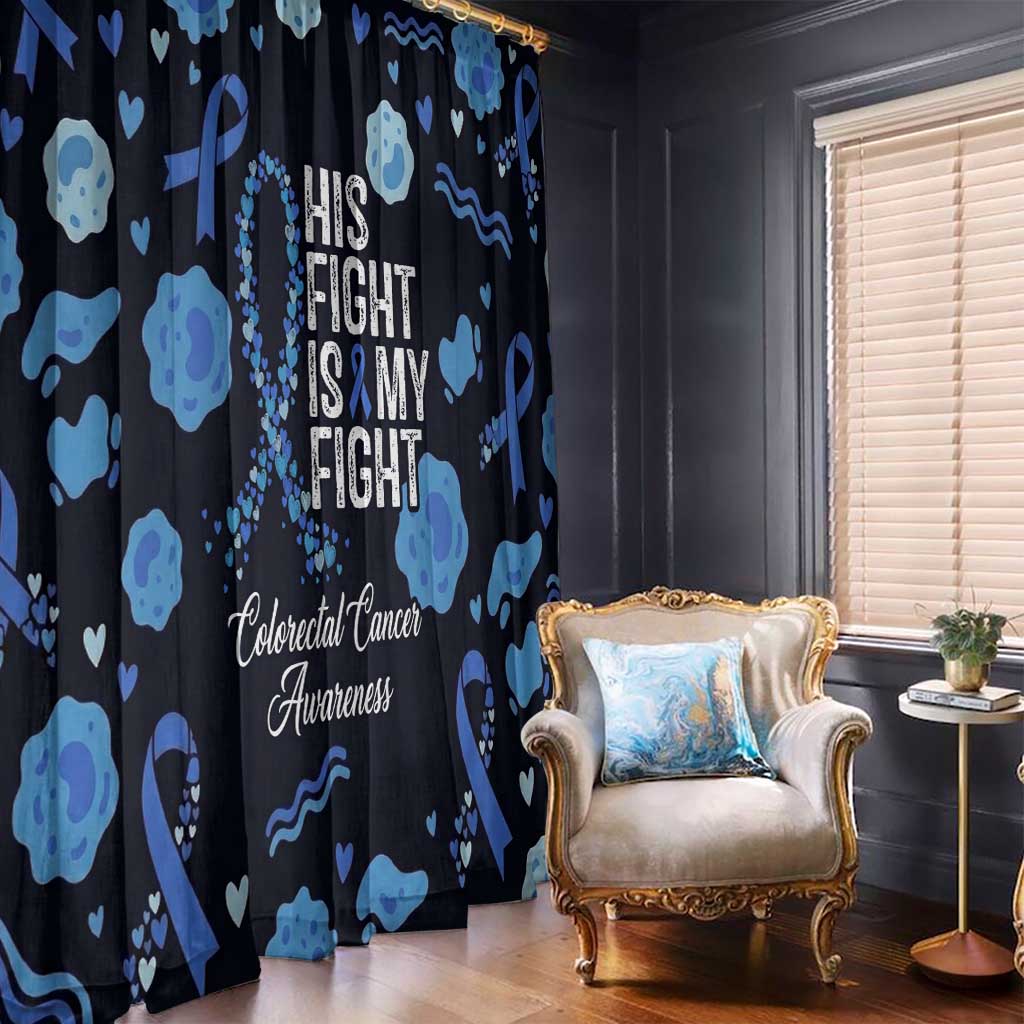 His Fight Is My Fight Colorectal Cancer Awareness Window Curtain Blue Ribbon Heart Pattern Illustration
