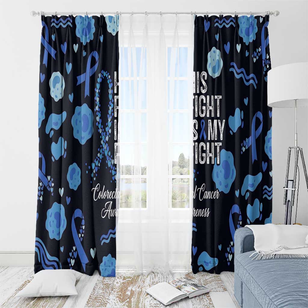 His Fight Is My Fight Colorectal Cancer Awareness Window Curtain Blue Ribbon Heart Pattern Illustration