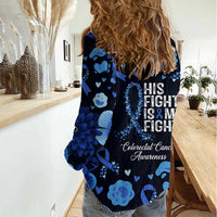 His Fight Is My Fight Colorectal Cancer Awareness Women Casual Shirt Blue Ribbon Heart Pattern Illustration