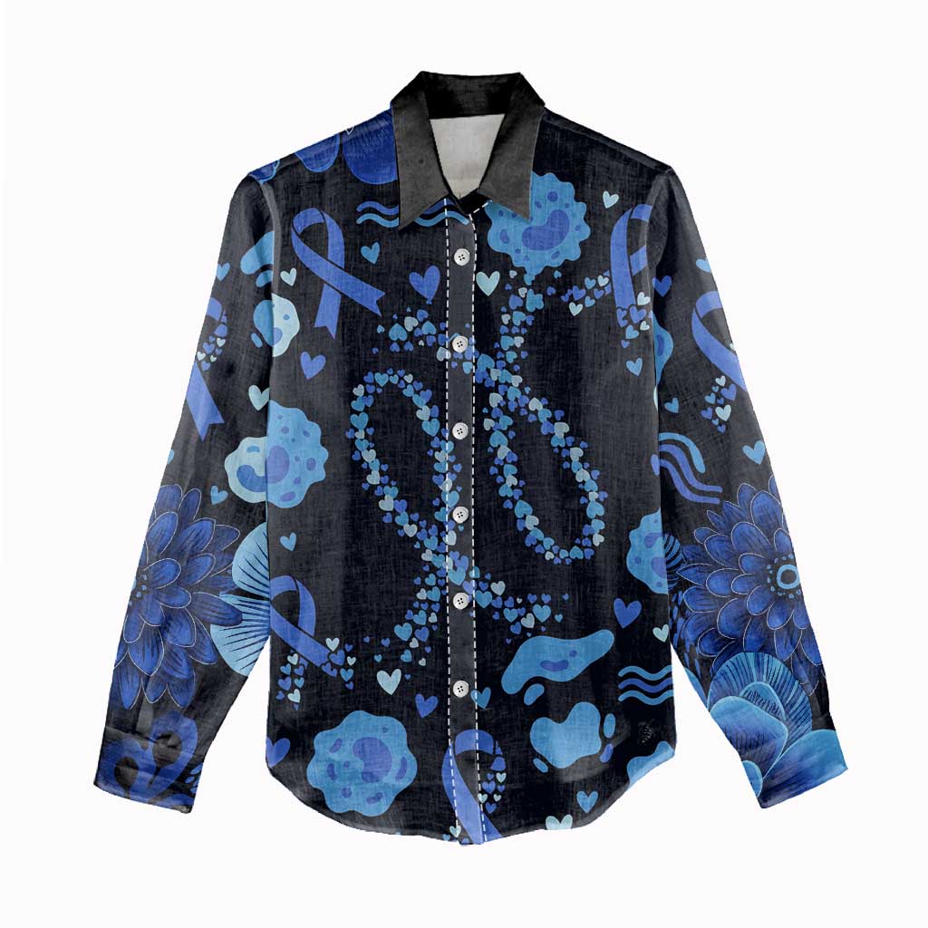 His Fight Is My Fight Colorectal Cancer Awareness Women Casual Shirt Blue Ribbon Heart Pattern Illustration