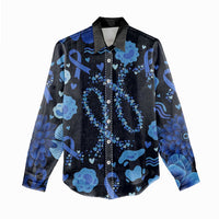 His Fight Is My Fight Colorectal Cancer Awareness Women Casual Shirt Blue Ribbon Heart Pattern Illustration