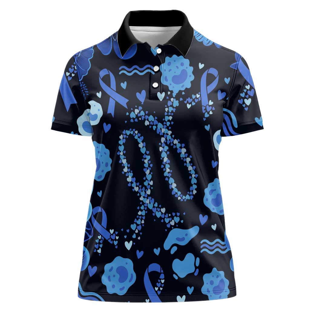 His Fight Is My Fight Colorectal Cancer Awareness Women Polo Shirt Blue Ribbon Heart Pattern Illustration