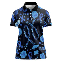His Fight Is My Fight Colorectal Cancer Awareness Women Polo Shirt Blue Ribbon Heart Pattern Illustration