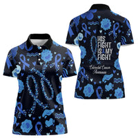 His Fight Is My Fight Colorectal Cancer Awareness Women Polo Shirt Blue Ribbon Heart Pattern Illustration