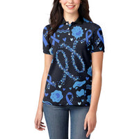 His Fight Is My Fight Colorectal Cancer Awareness Women Polo Shirt Blue Ribbon Heart Pattern Illustration