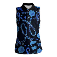 His Fight Is My Fight Colorectal Cancer Awareness Women Sleeveless Polo Shirt Blue Ribbon Heart Pattern Illustration