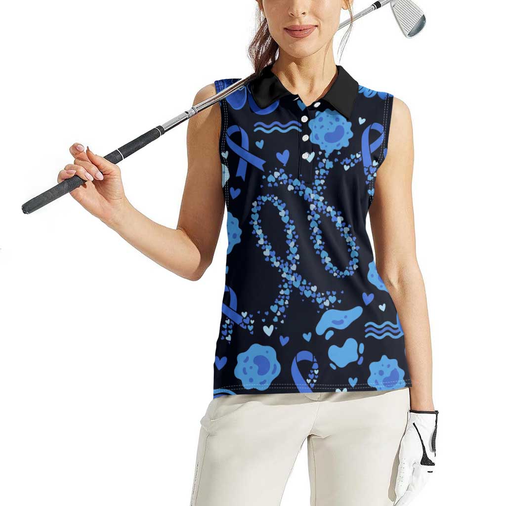 His Fight Is My Fight Colorectal Cancer Awareness Women Sleeveless Polo Shirt Blue Ribbon Heart Pattern Illustration
