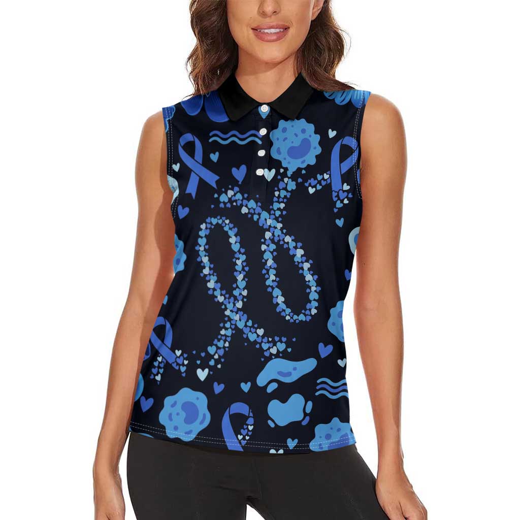 His Fight Is My Fight Colorectal Cancer Awareness Women Sleeveless Polo Shirt Blue Ribbon Heart Pattern Illustration