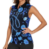 His Fight Is My Fight Colorectal Cancer Awareness Women Sleeveless Polo Shirt Blue Ribbon Heart Pattern Illustration
