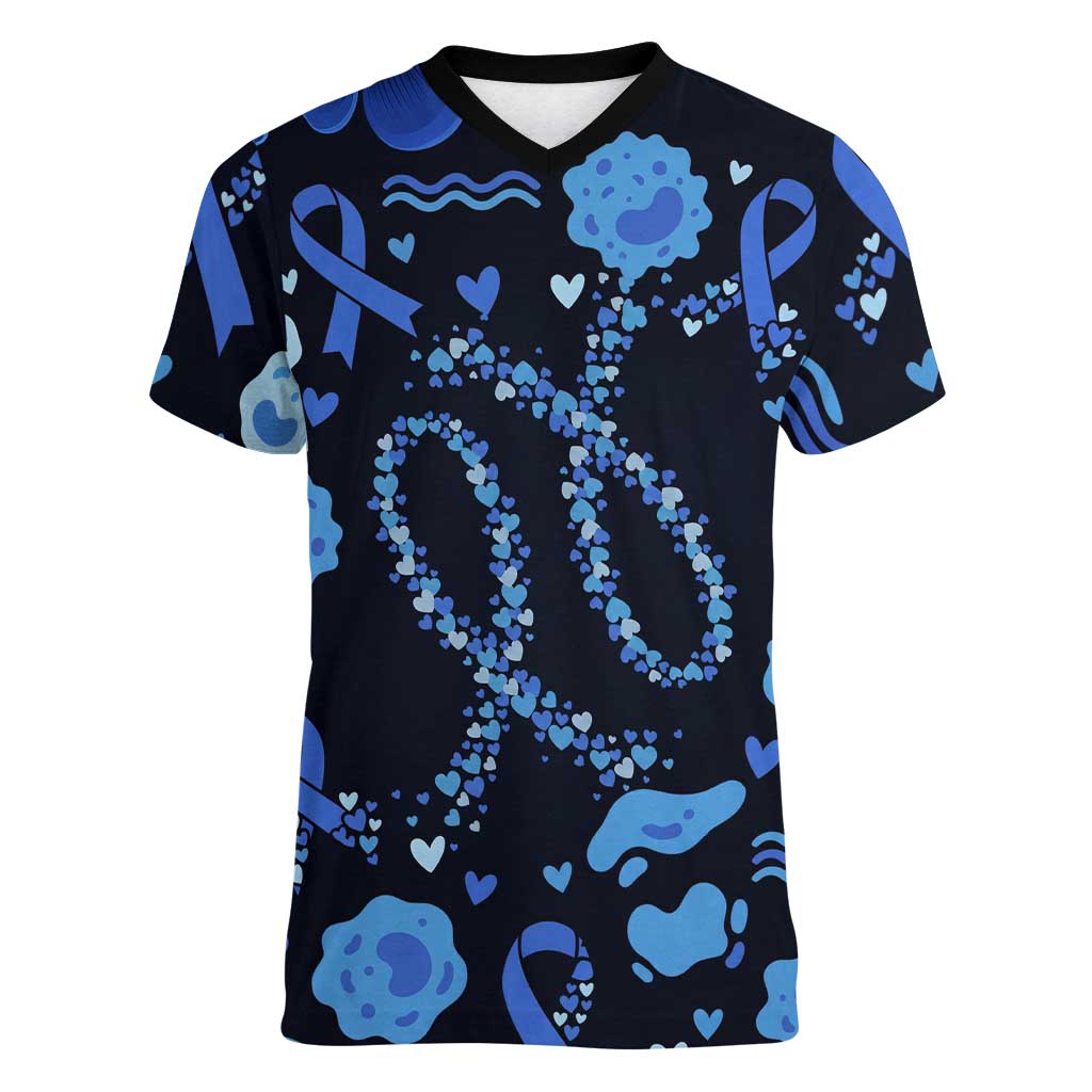 His Fight Is My Fight Colorectal Cancer Awareness Women V-Neck T-Shirt Blue Ribbon Heart Pattern Illustration