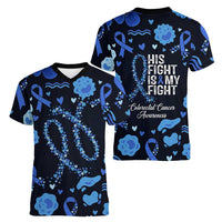 His Fight Is My Fight Colorectal Cancer Awareness Women V-Neck T-Shirt Blue Ribbon Heart Pattern Illustration