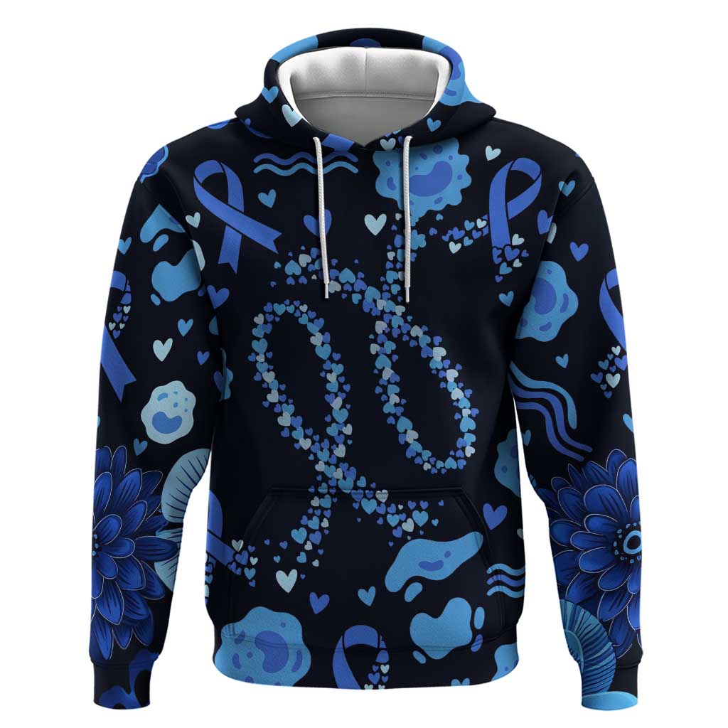 His Fight Is My Fight Colorectal Cancer Awareness Zip Hoodie Blue Ribbon Heart Pattern Illustration