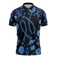 His Fight Is My Fight Colorectal Cancer Awareness Zipper Polo Shirt Blue Ribbon Heart Pattern Illustration