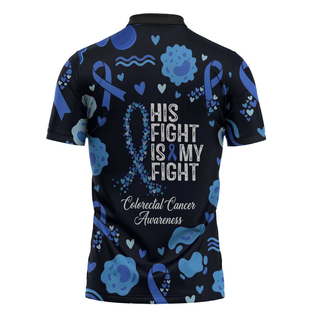 His Fight Is My Fight Colorectal Cancer Awareness Zipper Polo Shirt Blue Ribbon Heart Pattern Illustration