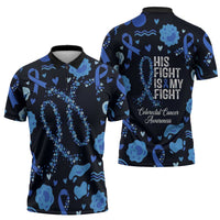 His Fight Is My Fight Colorectal Cancer Awareness Zipper Polo Shirt Blue Ribbon Heart Pattern Illustration