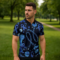 His Fight Is My Fight Colorectal Cancer Awareness Zipper Polo Shirt Blue Ribbon Heart Pattern Illustration