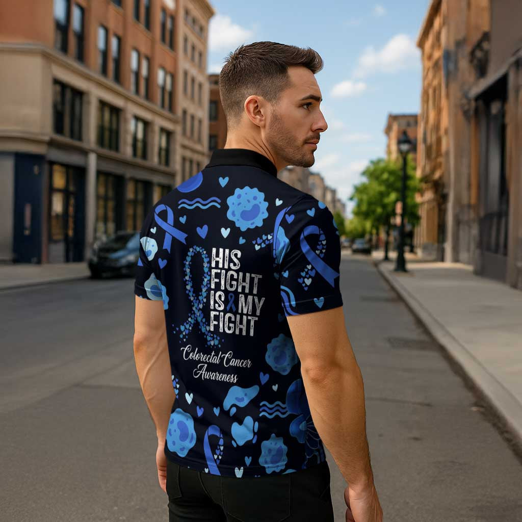His Fight Is My Fight Colorectal Cancer Awareness Zipper Polo Shirt Blue Ribbon Heart Pattern Illustration