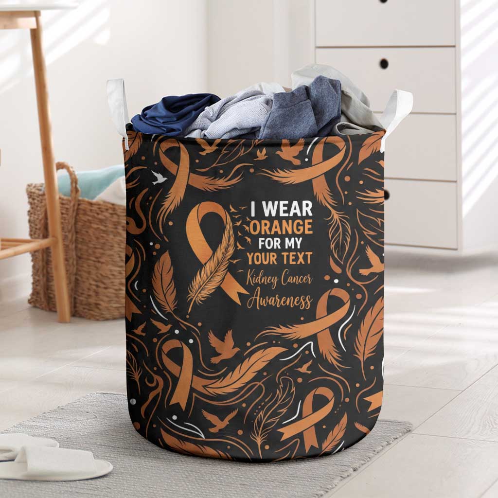 Personalized I Wear Orange Kidney Cancer Awareness Laundry Basket Feathered Ribbon Silhouette Illustration