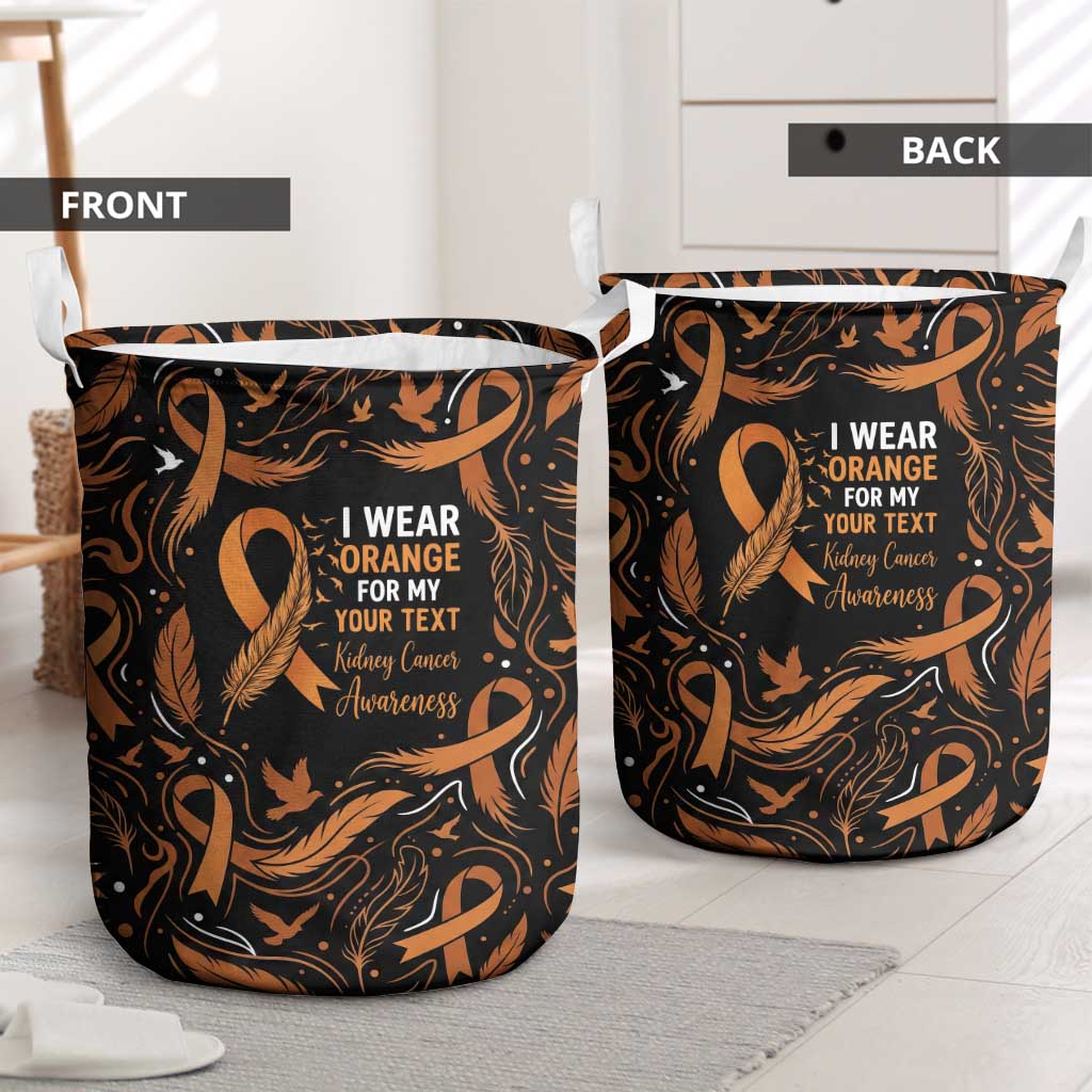 Personalized I Wear Orange Kidney Cancer Awareness Laundry Basket Feathered Ribbon Silhouette Illustration